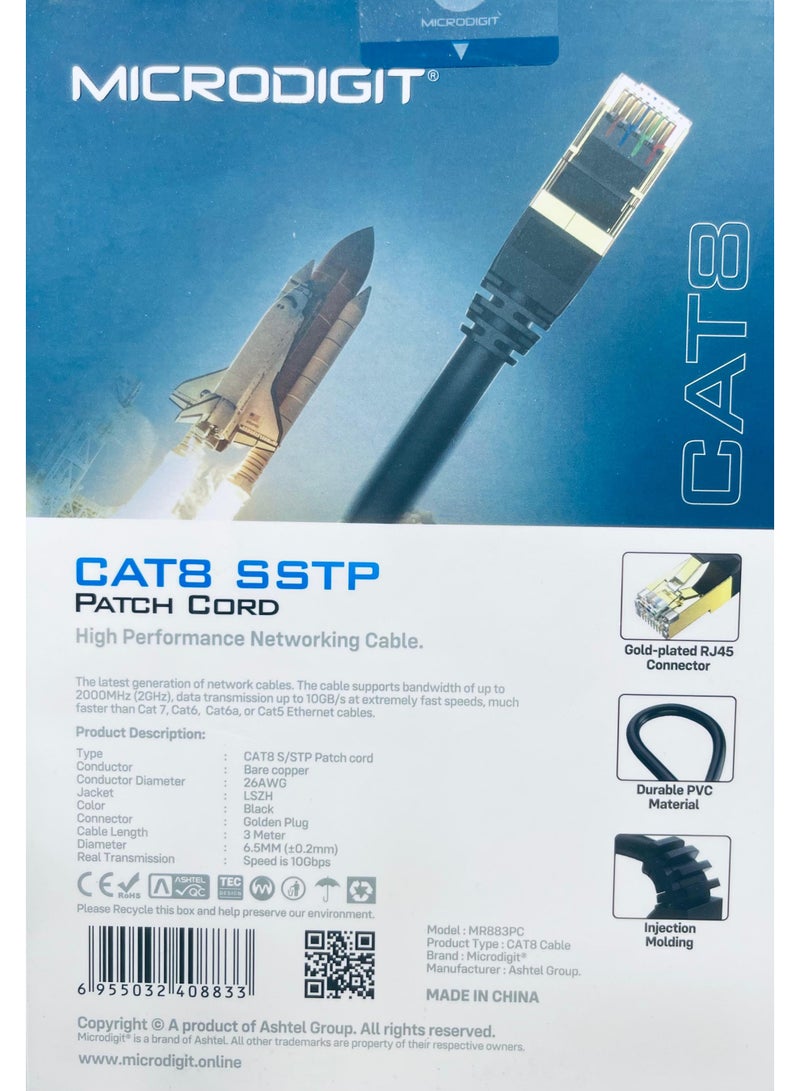 Micro Digit CAT8 SSTP Ethernet Patch Cable 3M – 10Gbps High Speed, Gold-Plated RJ45, LSZH Jacket – Black (MR883PC) - Image 2
